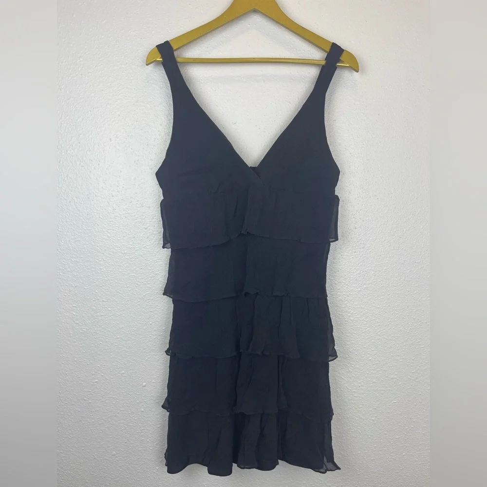J. Crew Zadie 100% Silk Black Mini Dress Tiered Ruffle V-Neck Size 10 - Picture 7 of 10